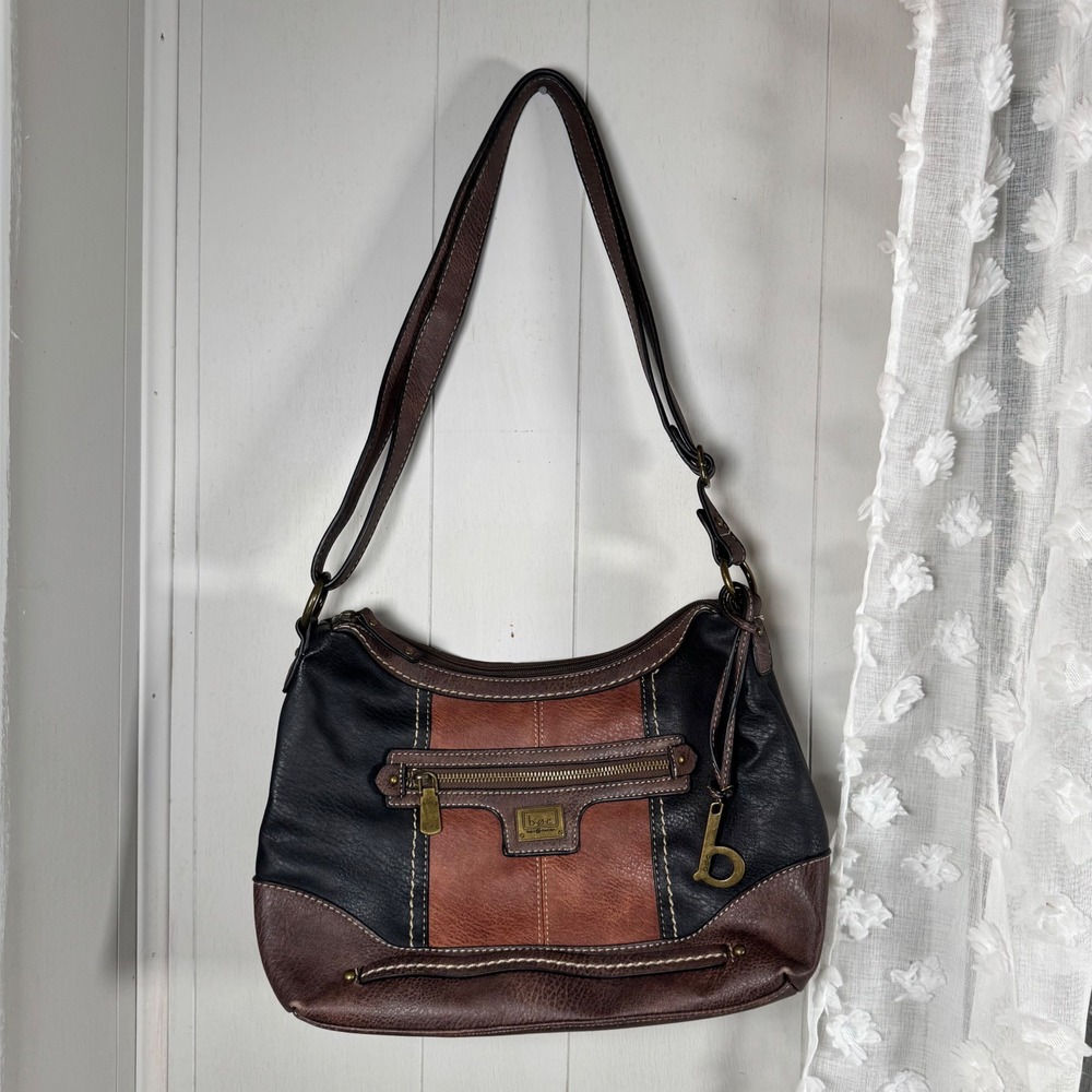 BOC Vintage Color Block Faux Leather Handbag Black‎ Brown Brass Hardware
